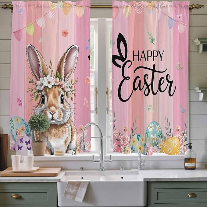 Easter Kitchen Curtains, Spring Rabbit Eggs Flowers Flags Leaves Wood Grain Light Filtering Window Curtain Panels, 2Pcs Rod Pocket Window Treatments Set for Living Room Bathroom Bedroom 42x63 Inches