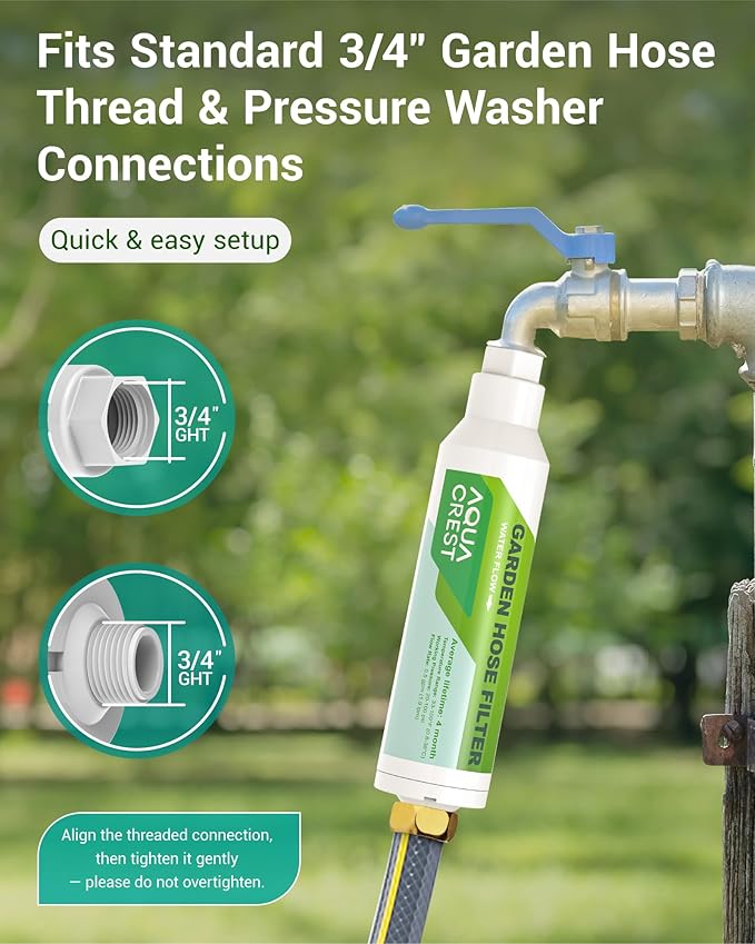 AQUA CREST Garden Hose Water Filter for Plants, Greatly Reduces Chlorine, Odor, Improve Plants Health, Ideal for Organic Gardening, Farming and Pets, Pack of 4