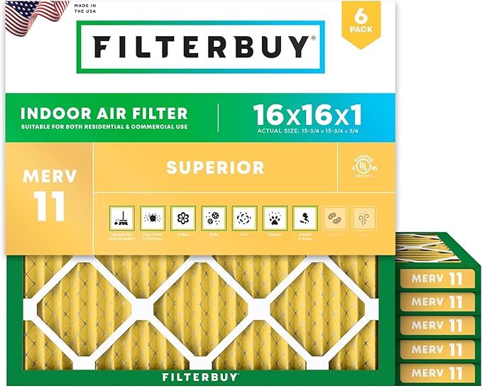 Filterbuy 16x16x1 Air Filter MERV 11 Superior Pet & Allergy Defense (6-Pack), Electrostatic Pleated HVAC AC Furnace Filters Replacement, Made in USA (Actual Size: 15.75 x 15.75 x 0.75)