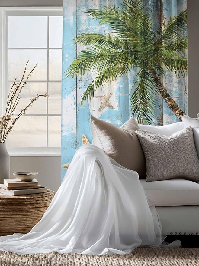 Sheer Curtains 72 Inches Long, Coastal Beach Blue Semi Sheer Curtains Light Filtering Window Treatment, Tropical Coconut Tree Vintage Wood Grain Privacy Voile Drapes for Living Room Bedroom 52x72 Inch