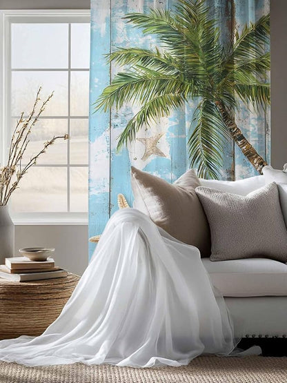 Sheer Curtains 72 Inches Long, Coastal Beach Blue Semi Sheer Curtains Light Filtering Window Treatment, Tropical Coconut Tree Vintage Wood Grain Privacy Voile Drapes for Living Room Bedroom 52x72 Inch