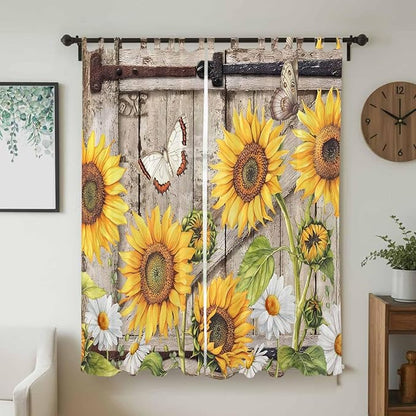 Farmhouse Sunflowers Living Room Curtains 96 Inch Length, Window Curtains Tab Top, Rustic Barn Doors Flowers Butterfly Wooden Light Filtering Window Treatments Drapes 52"x96" 2 Panel