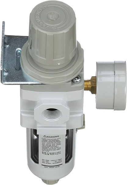 PneumaticPlus SAW300-N03BG Compressed Air Filter Regulator Piggyback Combo 3/8" NPT - Poly Bowl, Manual Drain, Bracket, Gauge