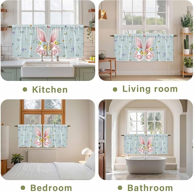 Easter Kitchen Tier Curtains 36 Inch Long 2 Panel Set,Rod Pocket Half Window Curtains Over Sink,Spring Rabbits Ears Feet Flowers Wooden Grain Light Filtering Short Drapes Cafe 27.5"W x 36"L
