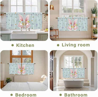 Easter Kitchen Tier Curtains 36 Inch Long 2 Panel Set,Rod Pocket Half Window Curtains Over Sink,Spring Rabbits Ears Feet Flowers Wooden Grain Light Filtering Short Drapes Cafe 27.5"W x 36"L