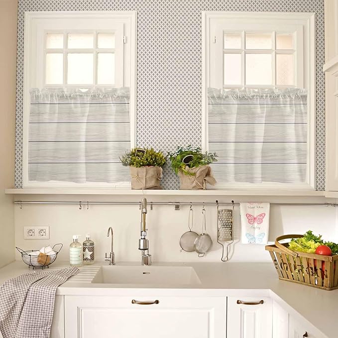 Vintage Country Wooden Board Window Valance Curtains, Gradient Wood Grain Line Light Filtering Kitchen Valance with 3-inch Rod Pocket for Living Room Bathroom Bedroom,2 Panel,27.5x36In