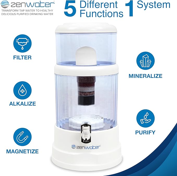 ZENWATER 6-Gallon Countertop Gravity Water Filter System - Portable Alkaline Filtration System - Enjoy Clean and Mineral-Rich Hydration at Home, Office, or Travel