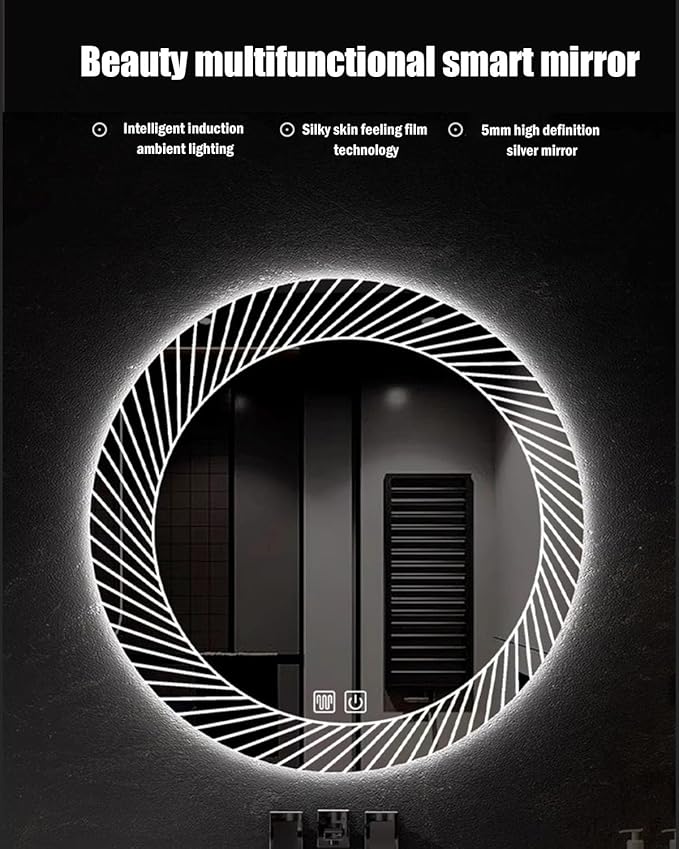 31.5 Inch LED Round Bathroom Mirror,Wall Mounted Multifunction Bathroom Vanity Mirror with Led Three-Color Light and Demister Pad, Circular Wall Mounted Vanity Mirror for Home Bathrooms,Shopping Malls