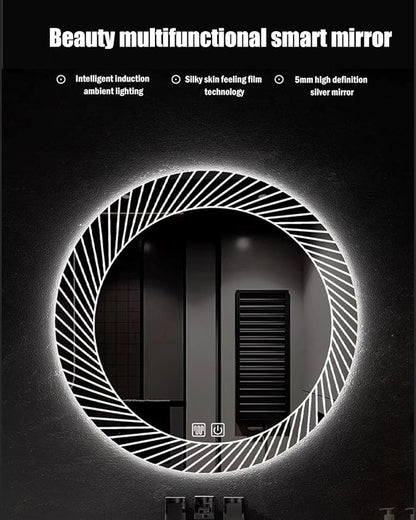 31.5 Inch LED Round Bathroom Mirror,Wall Mounted Multifunction Bathroom Vanity Mirror with Led Three-Color Light and Demister Pad, Circular Wall Mounted Vanity Mirror for Home Bathrooms,Shopping Malls