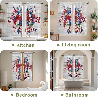 Independence Day Window Curtains 63 Inch Long 2 Panel Set, Rod Pocket Bedroom Curtains & Drapes, 4 of July Rose Wooden Grain Vintage Light Filtering Window Treatment for Living Room 42"W x 63"L