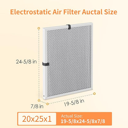 2-Pack 20x25x1 MERV 8 Reusable & Washable Electrostatic Air Filters - Long-Lasting Filter for HVAC, Furnace & Air Conditioner Units, Actual Size: 19-5/8” x 24-5/8” x 7/8”