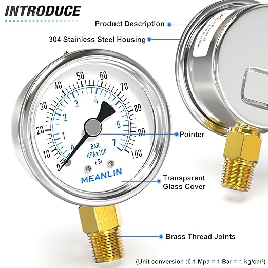 MEANLIN MEASURE 0~100Psi Dry Pressure Gauge Stainless Steel 1/4" NPT 2" FACE DIAL Waterproof for Well Pump Water Tire Water Pressure Tester Lower Mount, with 1/2" NPT and 3/8" NPT Hex Bushing