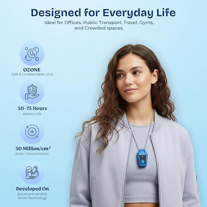 Portable Air Purifier for Travel with 50M Ions/cm³ | Mini Wearable Necklace Ionizer, Filterless, No Maintenance | Personal Air Purifier Small, 500mAh Rechargeable, 75Hr Runtime, CE ROHS FCC Certified