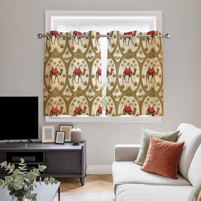 2 Panel Kitchen Cafe Curtains, Brown Desert Camels Sunlight Filtering Nature Air Through, Home Decor Window Covering Tier Curtains for Bedroom Living Room Tropical Date Coconut Trees Cords Leaves