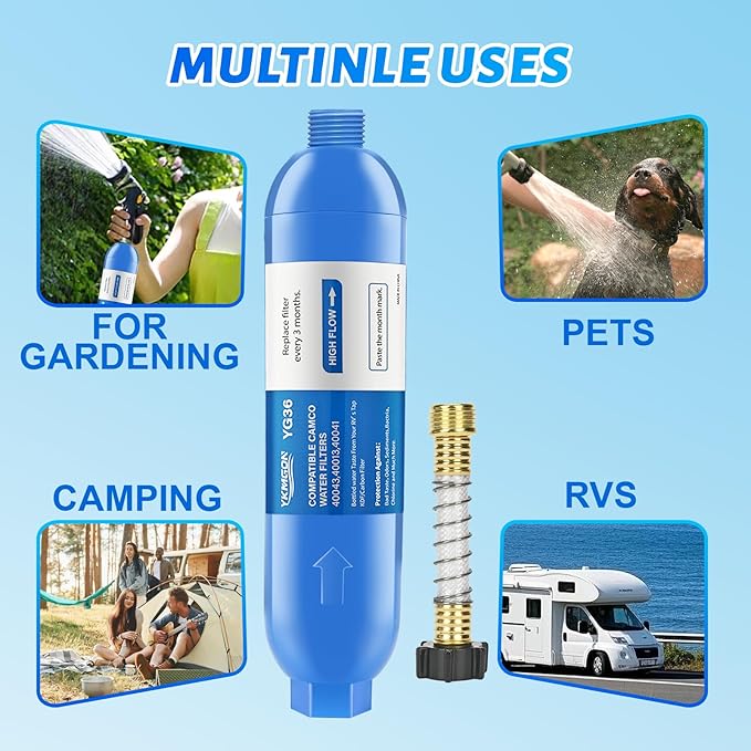 RV Inline/Marine Water Filter With Flexible Hose Protector, Reduce Bad Taste, Odors, Rust, Fluoride, Chlorine and Sediment in Drinking Water (1 Pack)