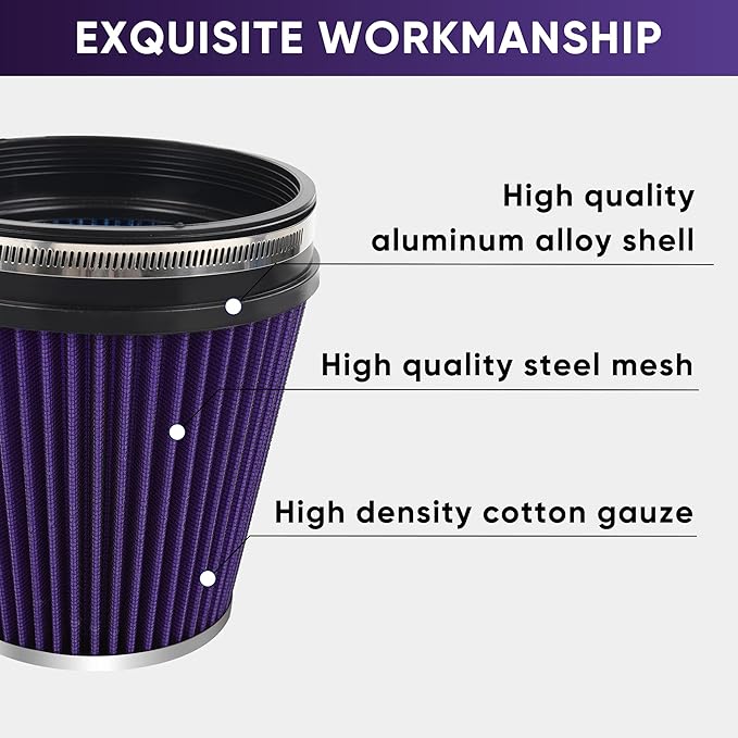 6" 152mm Cold Air Intake Filter Clamp-On Replacement High Flow Inlet Air Filter High Performance Washable Cone Filter 7" Tall Purple