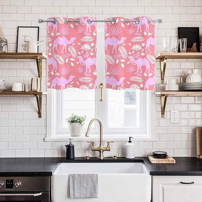2 Panel Kitchen Cafe Curtains, Desert Camel Sunlight Filtering Nature Air Through, Home Decor Window Covering Tier Curtains for Living Room 55W x 39L inch Vintage Sand Camel Leaves Flower Pattern Pink