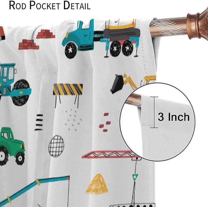 Construction Window Curtains, Kids Cartoon Construction Machines Building Hand Drawn Doodle Rod Pocket Decorative Windows Curtain for Children Teens Room Decor 52x84in (30% Blackout)