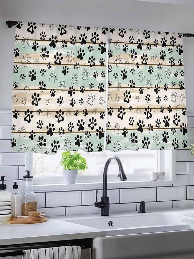 Sheer Curtains 54 Inch Length, Sage Green Beige Farmhouse Semi Sheer Curtains Light Filtering Window Treatment, Black Dog Paw Vintage Wooden Privacy Voile Drapes for Living Room Bedroom 52x54 Inch
