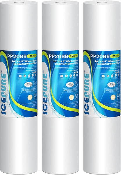 ICEPURE 1 Micron 20" x 4.5" Whole House Sediment Home Water Filter Replacement Cartridge, Compatible with SP-DD-5005-20BB, FPMB5-20, AP810-2, 155358-43, SDC-45-2005, 2PP20BB1M, P5-20, FP25B, 3 Pack