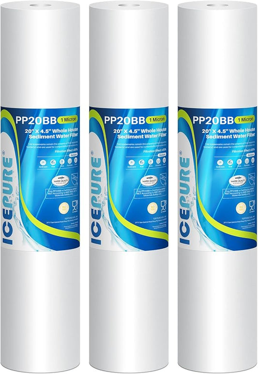 ICEPURE 1 Micron 20" x 4.5" Whole House Sediment Home Water Filter Replacement Cartridge, Compatible with SP-DD-5005-20BB, FPMB5-20, AP810-2, 155358-43, SDC-45-2005, 2PP20BB1M, P5-20, FP25B, 3 Pack