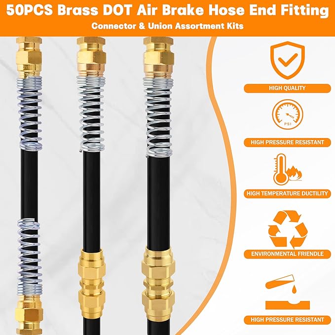 50PCS Brass DOT Air Brake Hose End Fitting Kit, Dazakoot J1402 Air Brake Fitting Assortment Kit for Replacement, Air Brake Hose Assembly Kit (Connector, Nut Tube, Spring and Sleeve Tube)