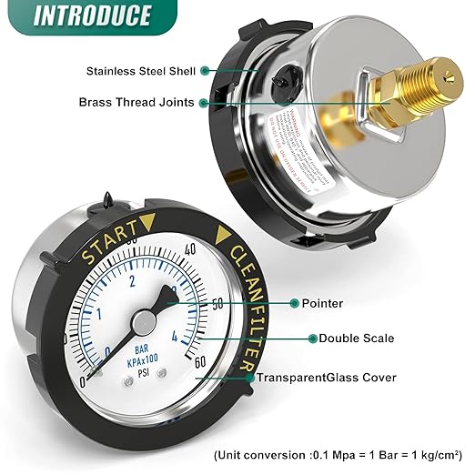 0-60PSI Stainless Steel Pool Filter Pressure Gauge, 1/4" NPT Back Mount, with Plastic Adjustable Bezel, Start and Clean Filter Pressure Gauge, for Swimming Pool, spa, Aquarium