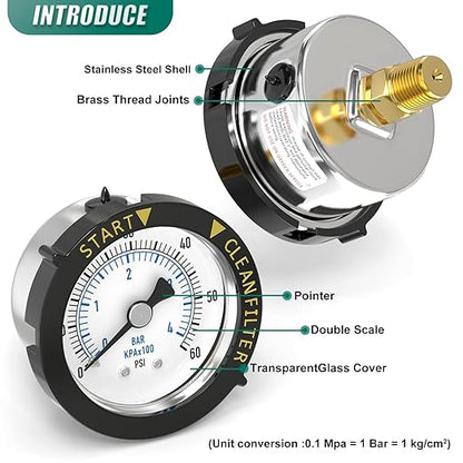0-60PSI Stainless Steel Pool Filter Pressure Gauge, 1/4" NPT Back Mount, with Plastic Adjustable Bezel, Start and Clean Filter Pressure Gauge, for Swimming Pool, spa, Aquarium