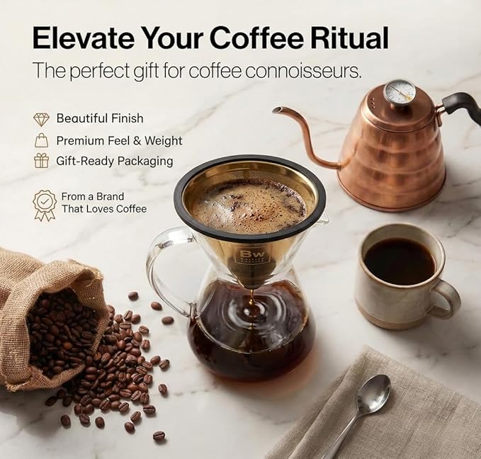 Barista Warrior Compatible with Hario V60 Pour Over Coffee Filters - Reusable Stainless Steel - Best Coffee Maker and Bar Accessories (Gold Titanium Coated)