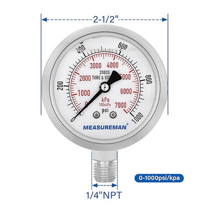 MEASUREMAN Pressure Gauge, 0-1000 PSI/kPa, Glycerin Filled, 1/4 NPT Lower Mount
