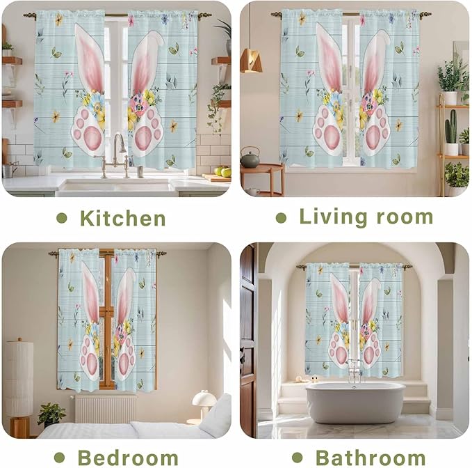 Easter Window Curtains 63 Inch Long 2 Panel Set, Rod Pocket Bedroom Curtains & Drapes, Spring Rabbits Ears Feet Flowers Wooden Grain Light Filtering Window Treatment for Living Room 42"W x 63"L