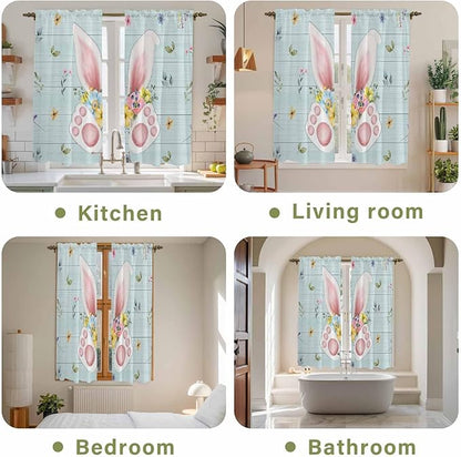 Easter Window Curtains 63 Inch Long 2 Panel Set, Rod Pocket Bedroom Curtains & Drapes, Spring Rabbits Ears Feet Flowers Wooden Grain Light Filtering Window Treatment for Living Room 42"W x 63"L