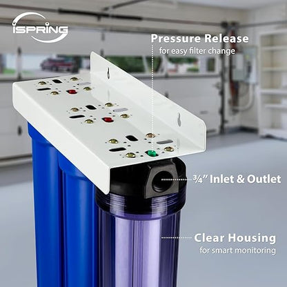 iSpring WCB32C-GAC+AHPF12MNPT12X2 3-Stage Whole House Water Filter System w/ 3/4'' Push-Fit Braided Stainless Steel Hose Connectors, Reduces Chloramine, PFAS, Chlorine, Sediments, 3/4" Inlet/Outlet