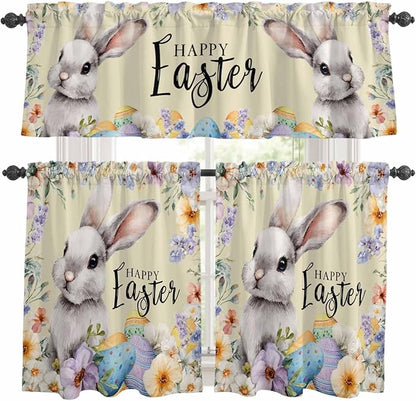 Happy Easter Kitchen Curtains Set 3 Piece for Windows,Rod Pocket Valance and Tier Set 24 Inch Length,Spring Grey Bunny Colorful Eggs Flower Brown Light Filtering Cafe Curtains for Living Room