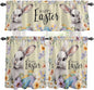 Happy Easter Kitchen Curtains Set 3 Piece for Windows,Rod Pocket Valance and Tier Set 24 Inch Length,Spring Grey Bunny Colorful Eggs Flower Brown Light Filtering Cafe Curtains for Living Room
