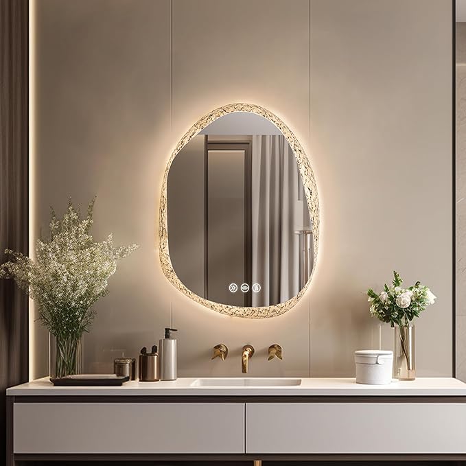 LUVODI Lighted LED Bathroom Mirror: 28”x20”Irregular Stone Pattern Frosted Wall Vanity Mirror with Bright Back Lit - Illuminated Dimmable 3 Colors Vanity Mirrors with Smart Memory Form Anti-Fog