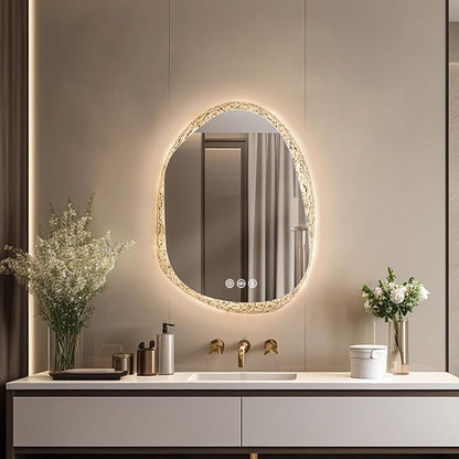 LUVODI Lighted LED Bathroom Mirror: 28”x20”Irregular Stone Pattern Frosted Wall Vanity Mirror with Bright Back Lit - Illuminated Dimmable 3 Colors Vanity Mirrors with Smart Memory Form Anti-Fog