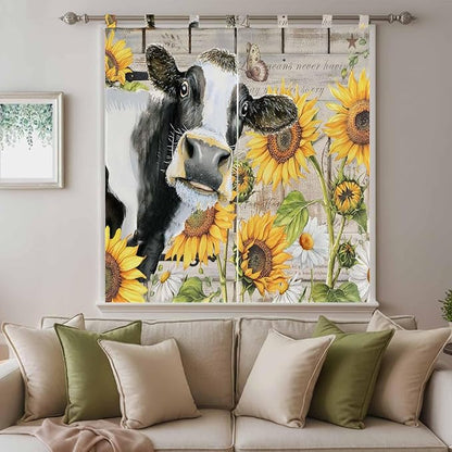 Yellow Sunflowers Bedroom Curtains 72 Inch Length, Window Curtains Tab Top, Farmhouse Cow Barn Doors Floral Butterfly Light Filtering Window Treatments Drapes 52"x72" 2 Panel