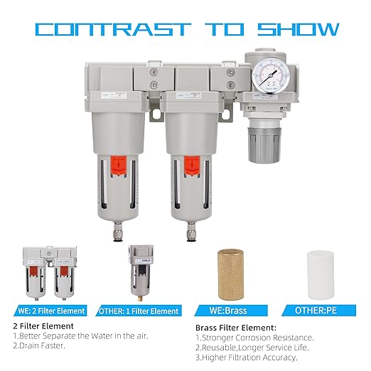 NANPU 1" NPT Air Drying System - Double Air Filters, Air Pressure Regulator Combo - Semi-Auto Drain, Poly Bowl