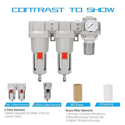 NANPU 1" NPT Air Drying System - Double Air Filters, Air Pressure Regulator Combo - Semi-Auto Drain, Poly Bowl
