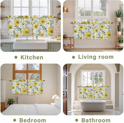 Yellow Daisy Tier Curtains, Farmhouse Country Flower Leaf Plant Wood Grain Light Filtering Kitchen Curtains, 2Pcs Rod Pocket Half Window Treatments Panels for Sink Cafe Cabinet Camper 27.5x36 Inches