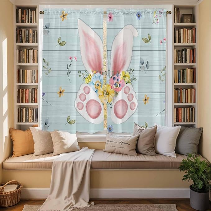 Easter Window Curtains 63 Inch Long 2 Panel Set, Rod Pocket Bedroom Curtains & Drapes, Spring Rabbits Ears Feet Flowers Wooden Grain Light Filtering Window Treatment for Living Room 42"W x 63"L