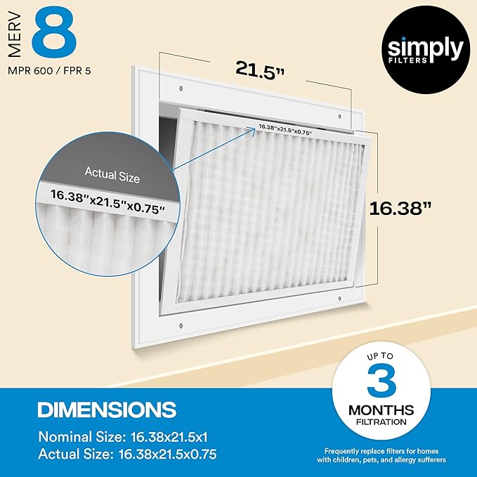 Simply 16.38x21.5x1 Air Filter, Merv 8, 6 Pack, For Home AC Furnace & HVAC (Actual Size: 16.13x21.5x"x0.75") DUST, Pet, & Allergy Control