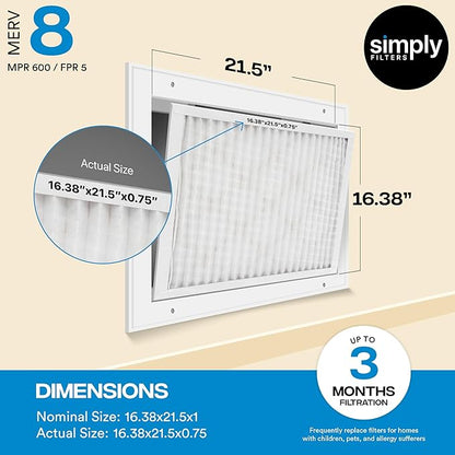 Simply 16.38x21.5x1 Air Filter, Merv 8, 6 Pack, For Home AC Furnace & HVAC (Actual Size: 16.13x21.5x"x0.75") DUST, Pet, & Allergy Control