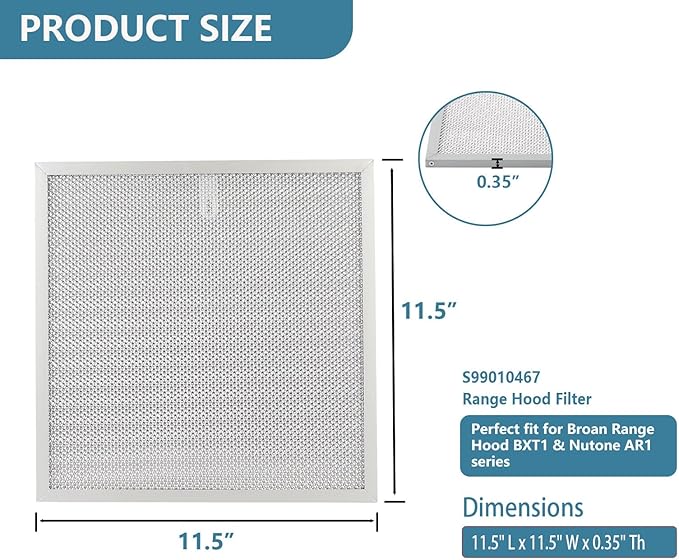 S99010467 Range Hood Filter 11.5" x 11.5" Replacement For Broan range hood BXT1 & Nutone AR1 series Kitchen Exhaust Fan Stove Hood Vent Filter Replaces S99010467 99010467 2 Pack