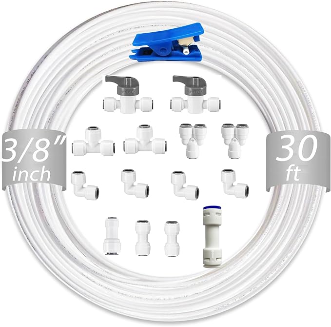 NSF 3/8" inch Water Line Tubing and Push to Connect Fittings for Reverse Osmosis Water Filter RO fittings,15 pcs connetors+30 feet 3/8" O.D. (9.5mm) water tubing.