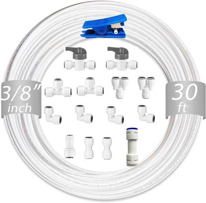 NSF 3/8" inch Water Line Tubing and Push to Connect Fittings for Reverse Osmosis Water Filter RO fittings,15 pcs connetors+30 feet 3/8" O.D. (9.5mm) water tubing.