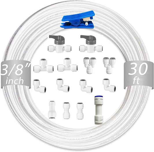 NSF 3/8" inch Water Line Tubing and Push to Connect Fittings for Reverse Osmosis Water Filter RO fittings,15 pcs connetors+30 feet 3/8" O.D. (9.5mm) water tubing.