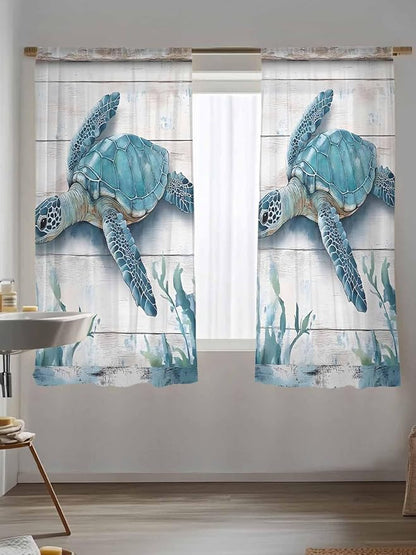 Sheer Curtains 63 Inch Length, Teal Green Sea Turtle Semi Sheer Curtains Light Filtering Window Treatment, Summer Ocean Seaweed Wood Grain Privacy Voile Drapes for Living Room Bedroom 52x63 Inch