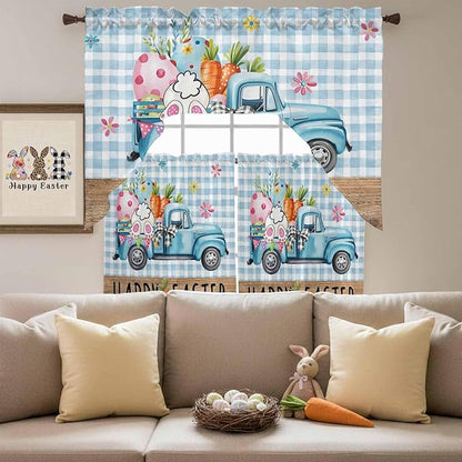 Swag Valance Curtains, Easter Truck with Rabbit Eggs Carrot Rod Pocket Valances Swag Topper for Kitchen Windows, Wood Barn and Blue Checker Light Filtering Short Curtain for Bedroom Bathroom 56x36In